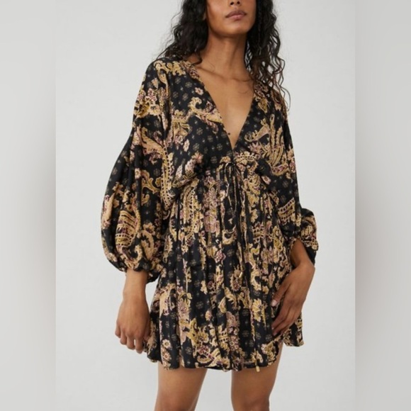 FREE PEOPLE Black and tan print ARZEL double V neckline mini dress size M - Picture 1 of 15